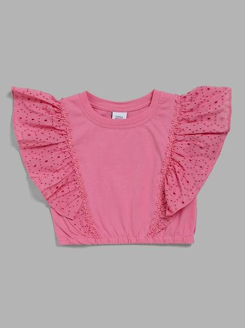 hop kids by westside pink schiffli sleeves crop top