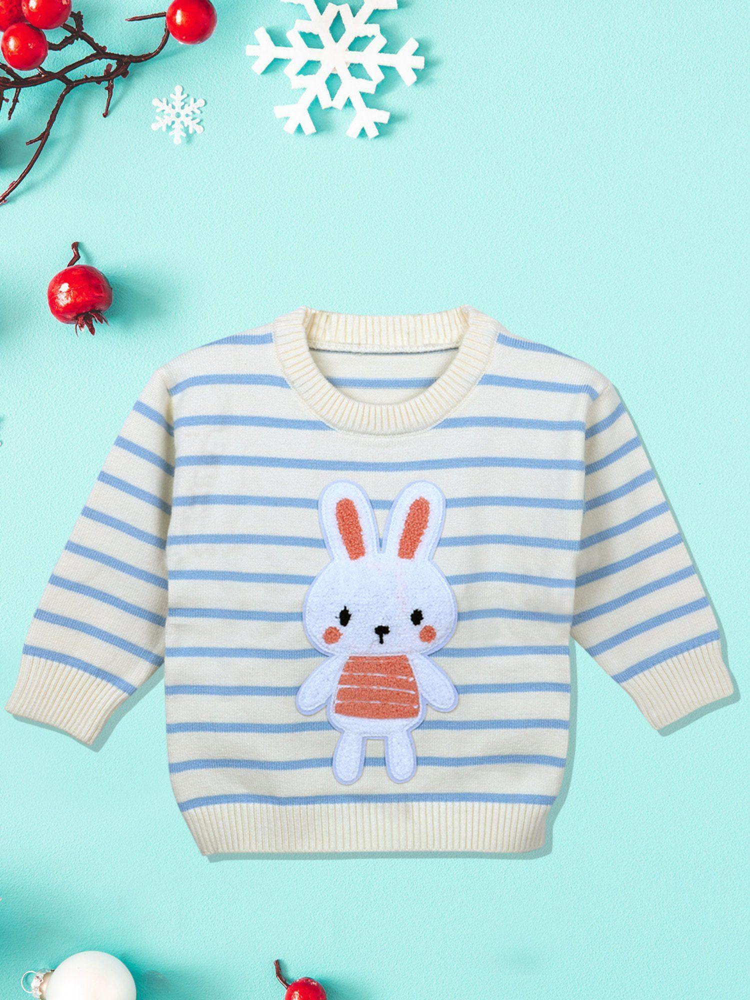 hopping rabbit striped premium full sleeves knitted sweater off white