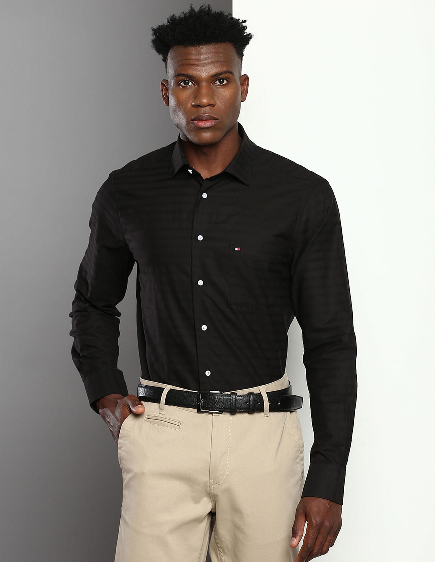 horizontal stripe dobby cotton shirt