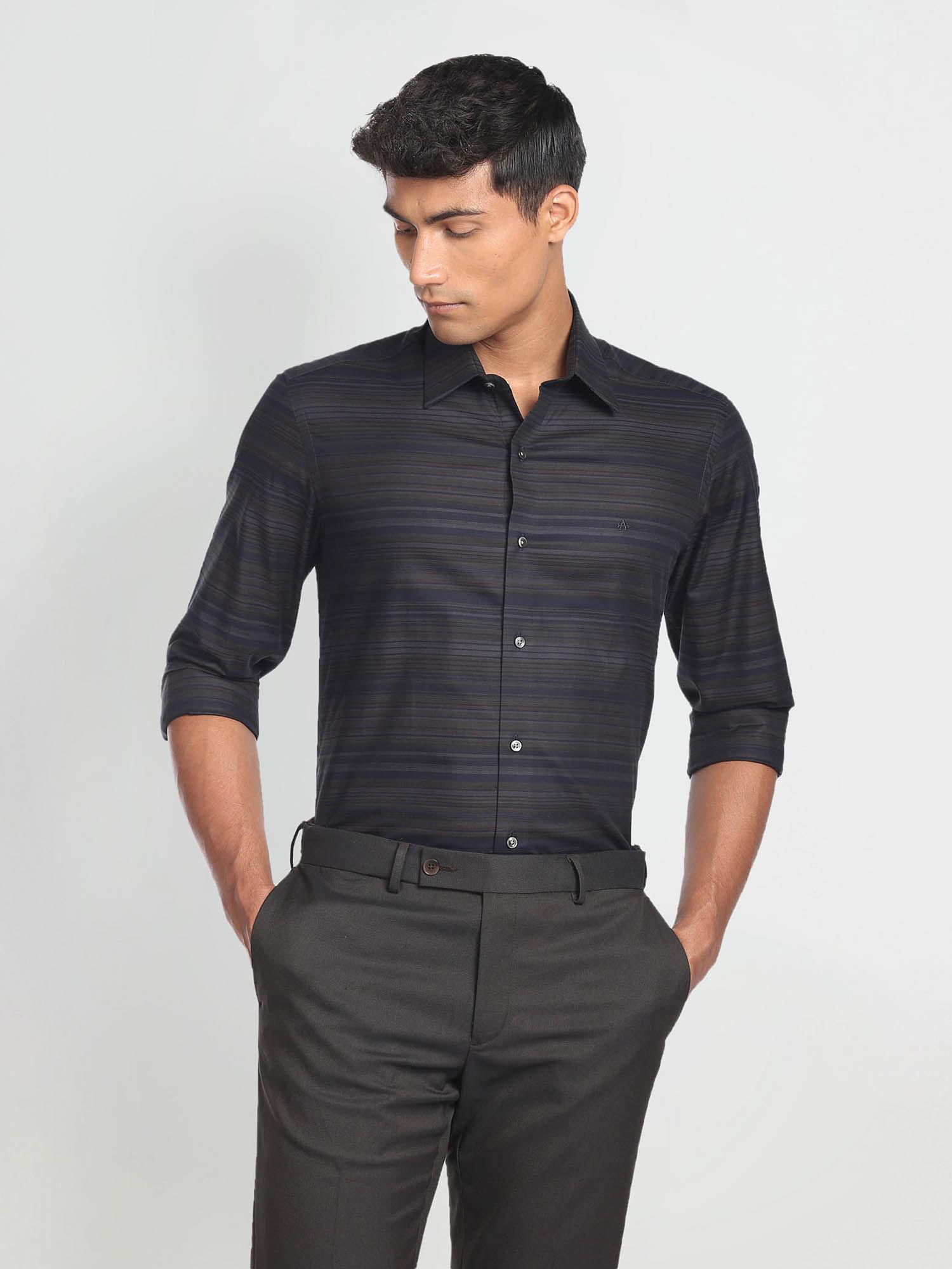 horizontal stripe twill formal shirt