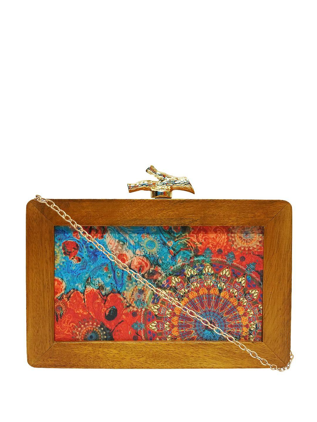 horra printed wooden box clutch with shoulder strap