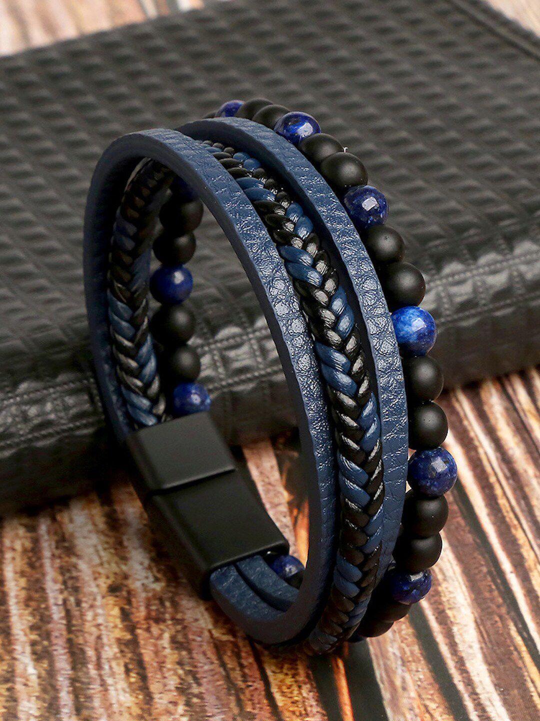 hot and bold men blue & black leather tigers eye tribal wraparound bracelet
