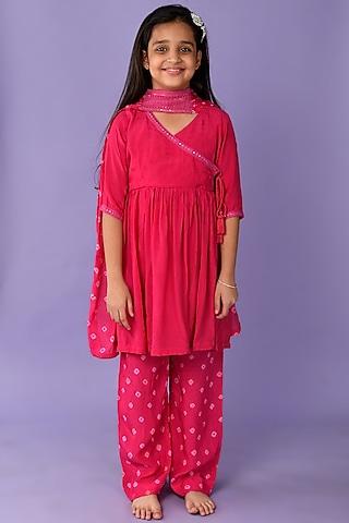 hot pink cotton angrakha kurta set for girls