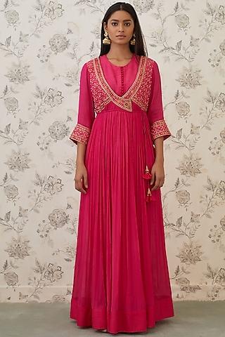 hot pink embroidered angrakha kurta set