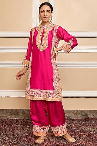 hot pink embroidered kurta set for girls