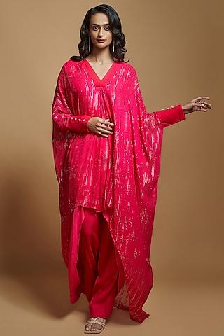 hot-pink-georgette-embroidered-high-low-tunic-set