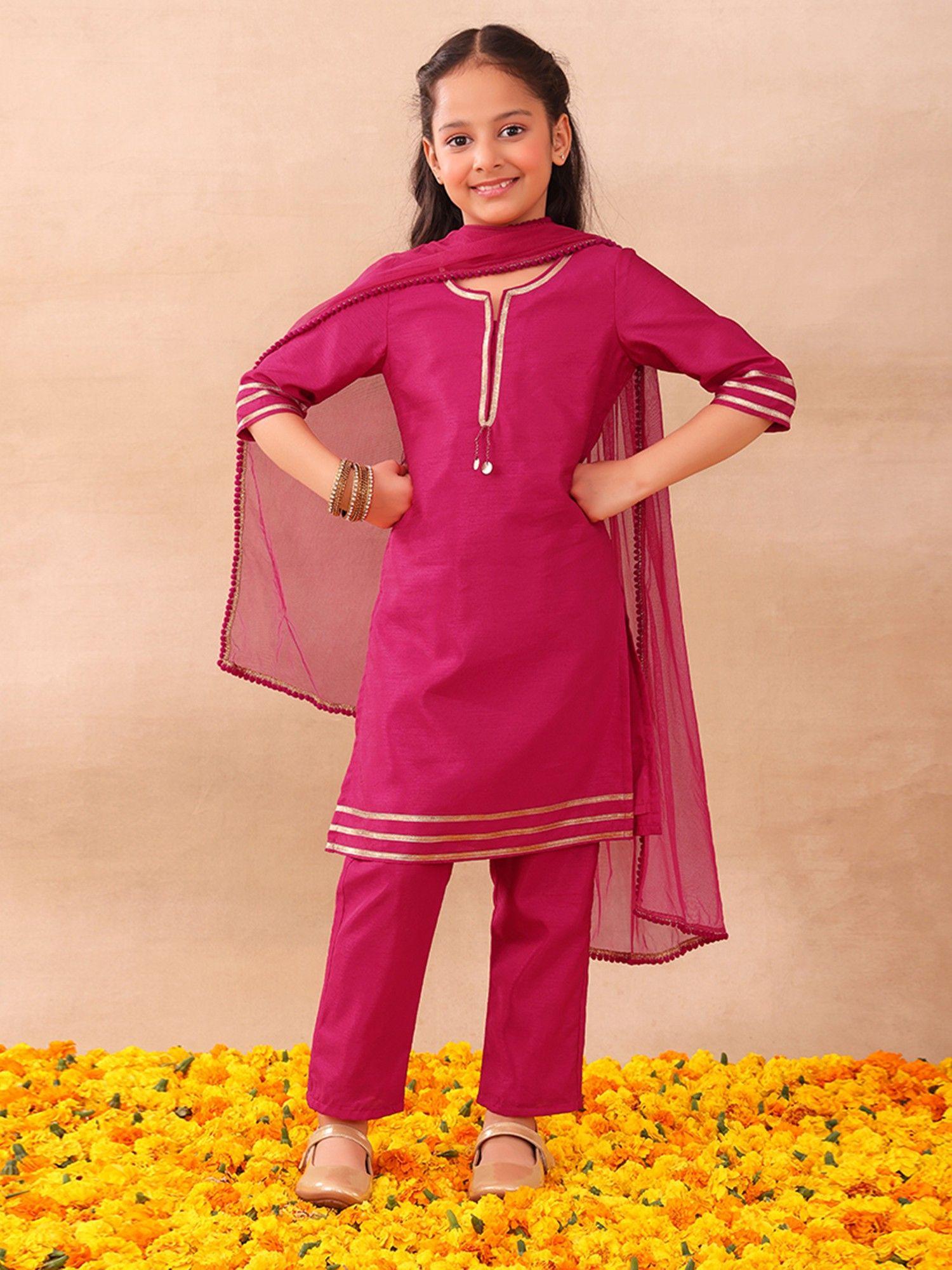 hot pink lace detail kurta with pants & dupatta (set of 3)