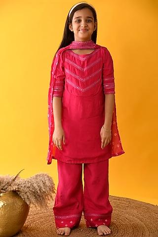 hot pink lace embroidered kurta set for girls