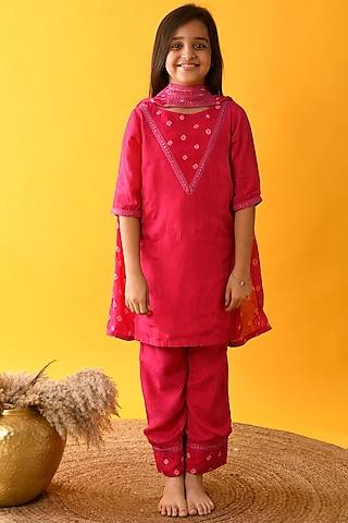 hot pink printed kurta set for girls