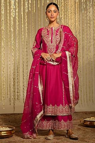 hot pink pure silk chanderi dori embroidered a-line kurta set for girls