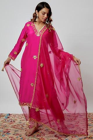 hot pink pure spun silk embroidered kurta set