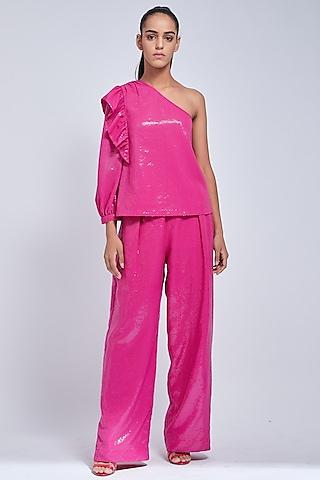 hot pink sequins one shoulder top