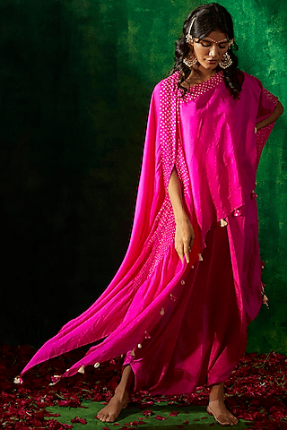 hot pink silk bandhani cape set