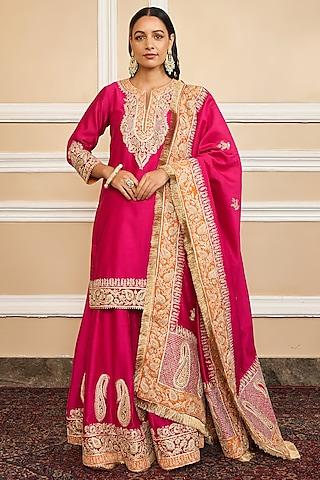 hot pink silk chanderi embroidered kurta set for girls
