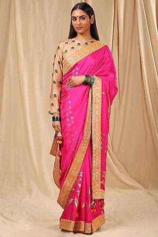 hot pink silk embroidered saree set