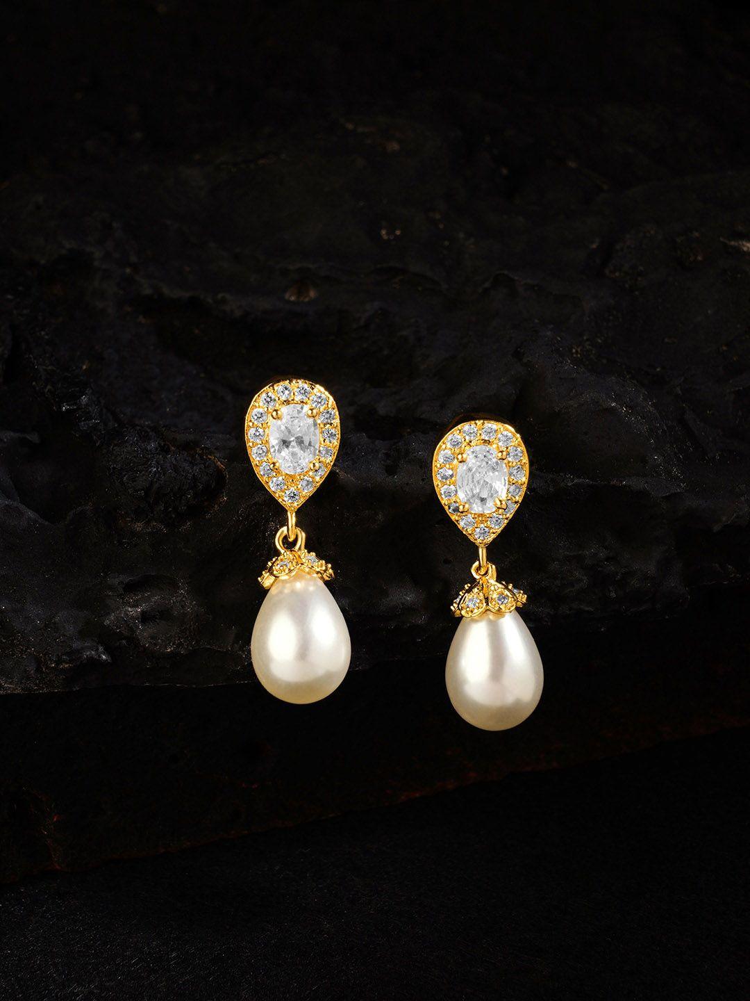 hot and bold gold-toned & white teardrop shaped drop earrings