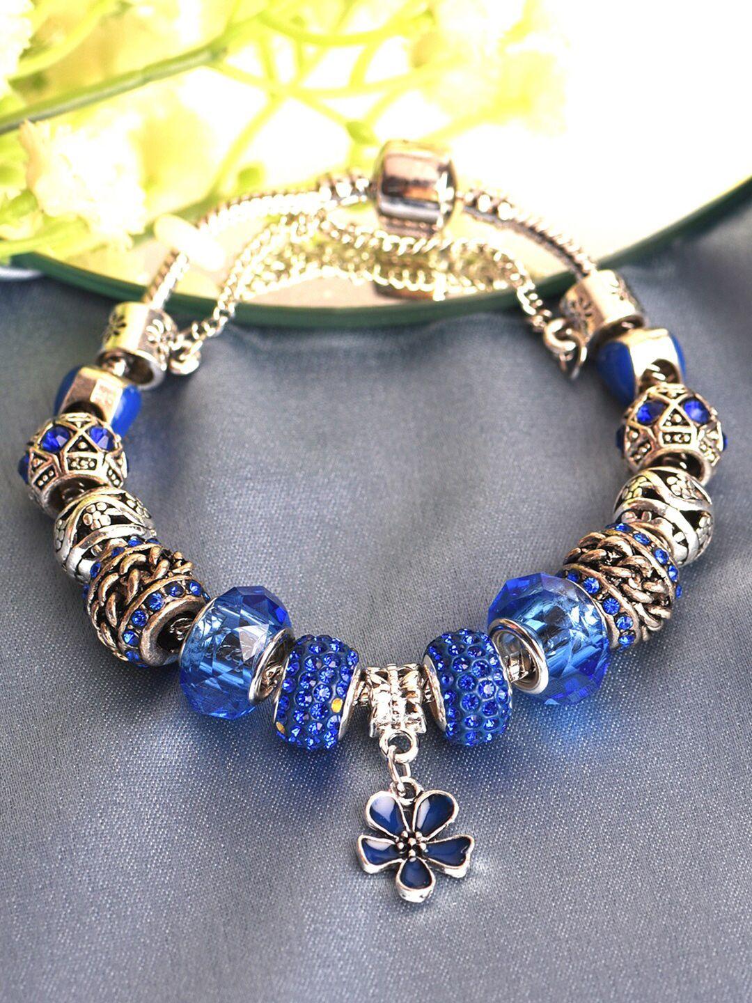 hot and bold women silver-toned & blue brass oxidised rhodium-plated charm bracelet