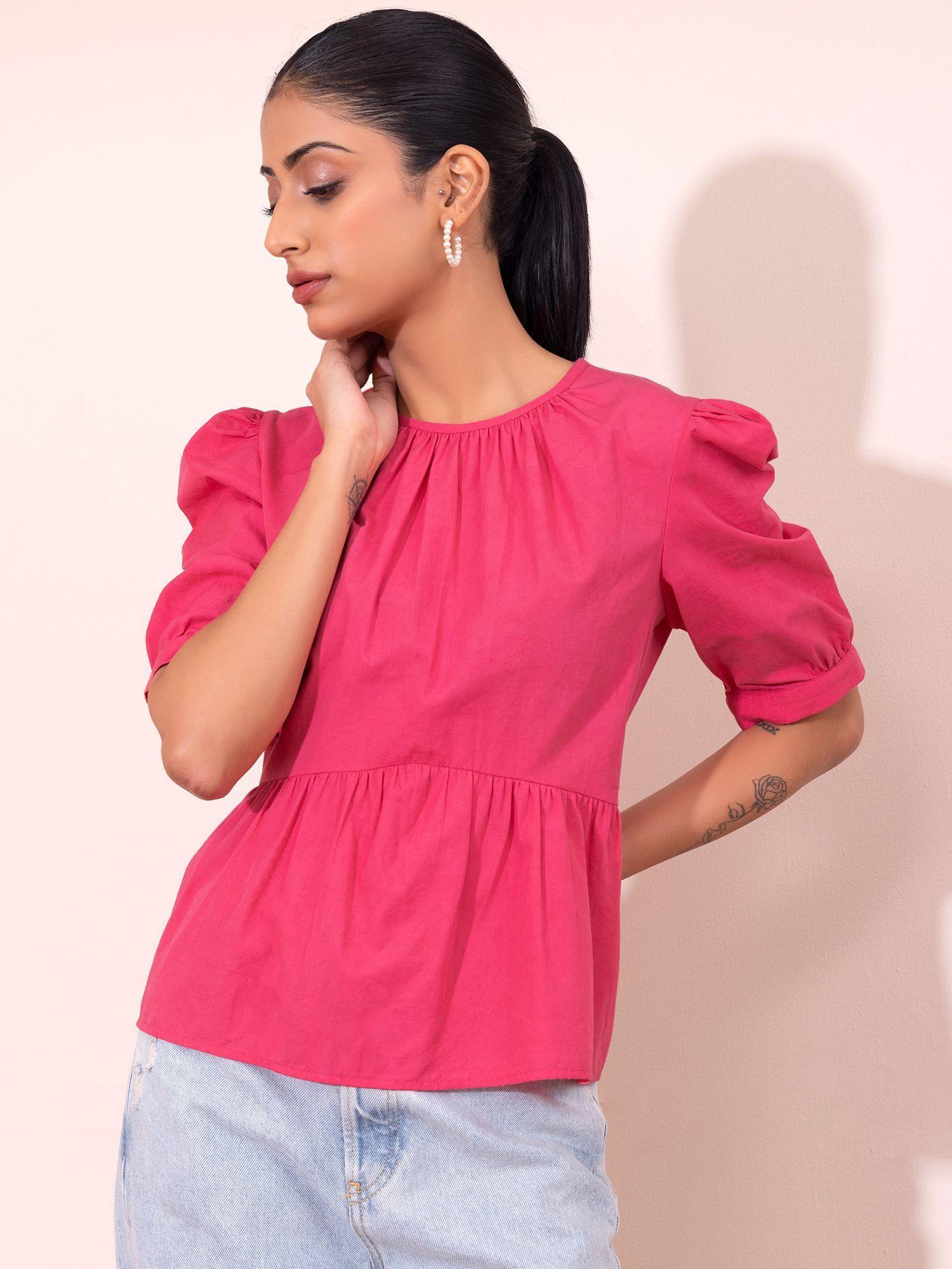 hot magenta puff sleeve peplum top (s)