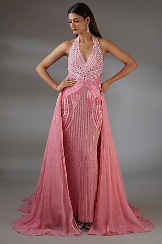 hot peach pink italian tulle glass bead hand embroidered gown with skirt