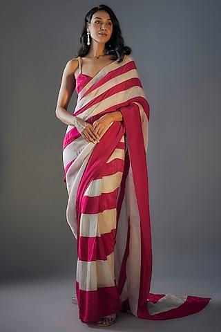 hot pink & beige tissue block printed saree set