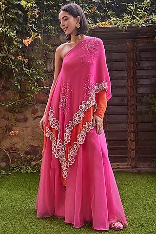 hot pink & orange georgette sequins embroidered one-shoulder cape set