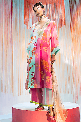 hot pink & powder blue crepe printed & hand embroidered kurta set