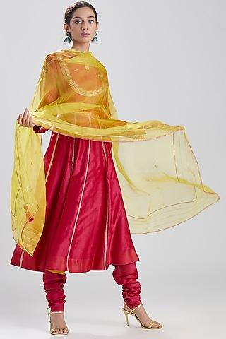 hot pink & yellow embroidered kurta set