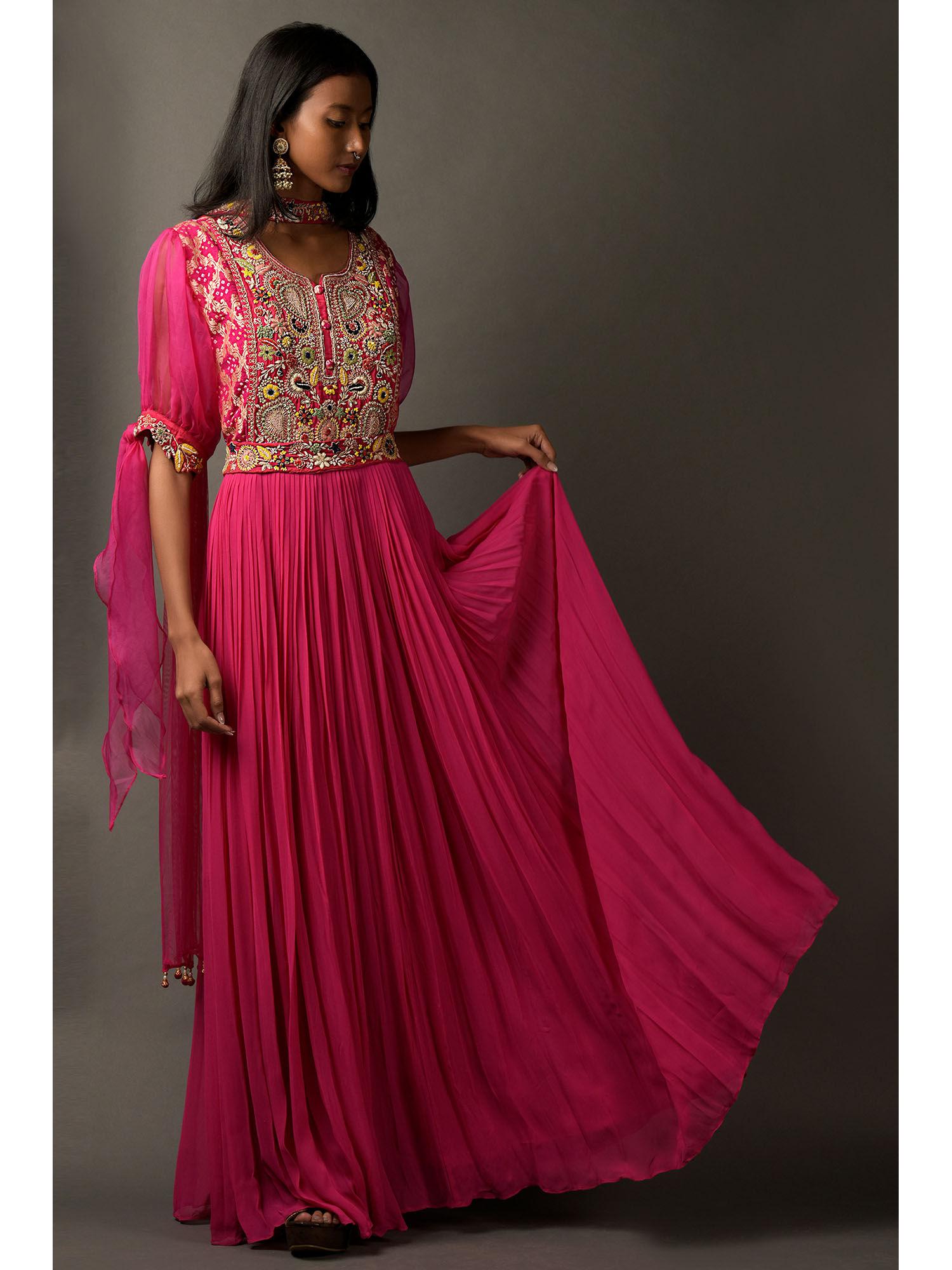 hot pink anarkali kurta & dupatta with a bandhani yoke (set of 2)