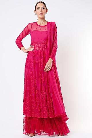 hot pink anarkali set with thread work