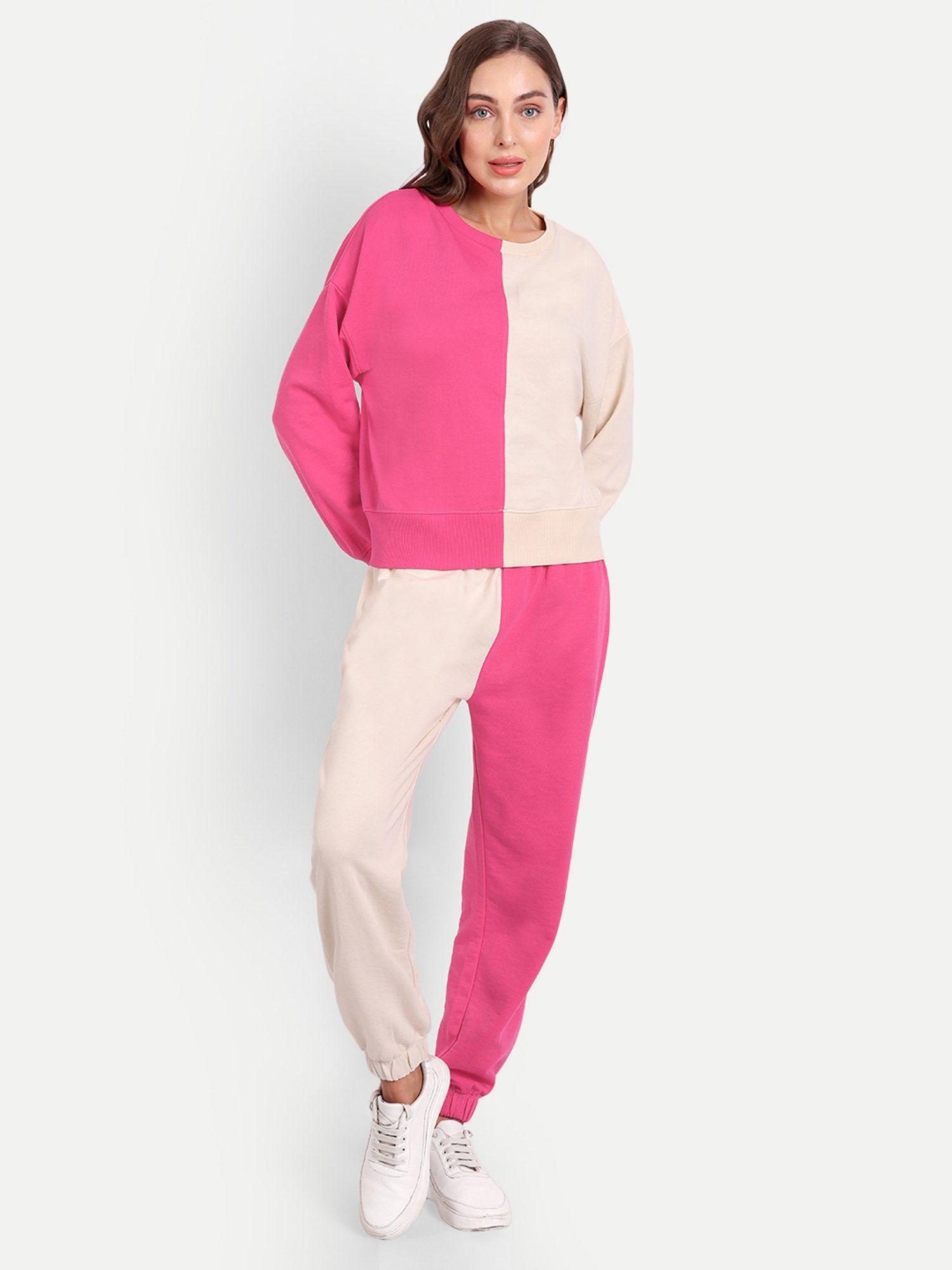 hot pink and off white colour sweatshirt with blocking track suit (set of 2)