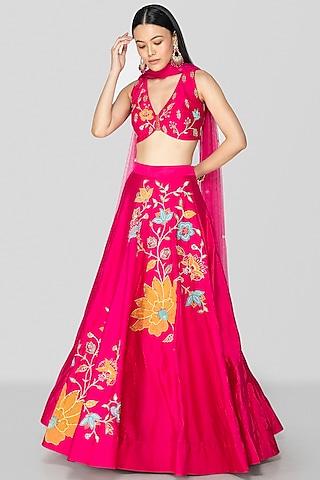hot pink art silk applique embroidered lehenga set