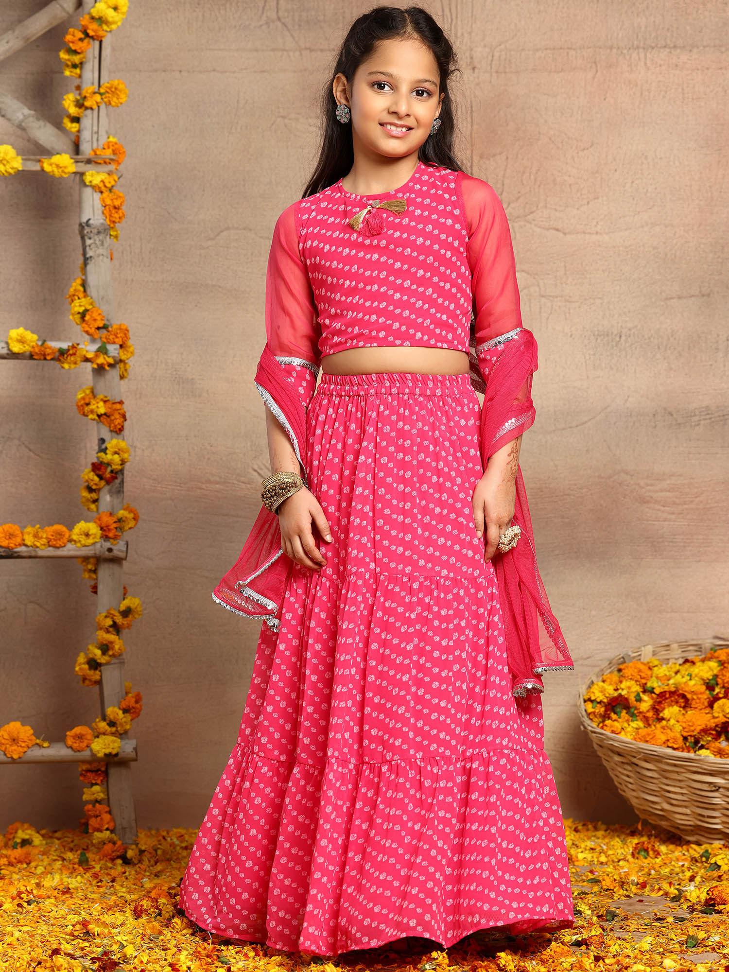 hot pink bandhani print lehenga with blouse & mesh dupatta (set of 3)
