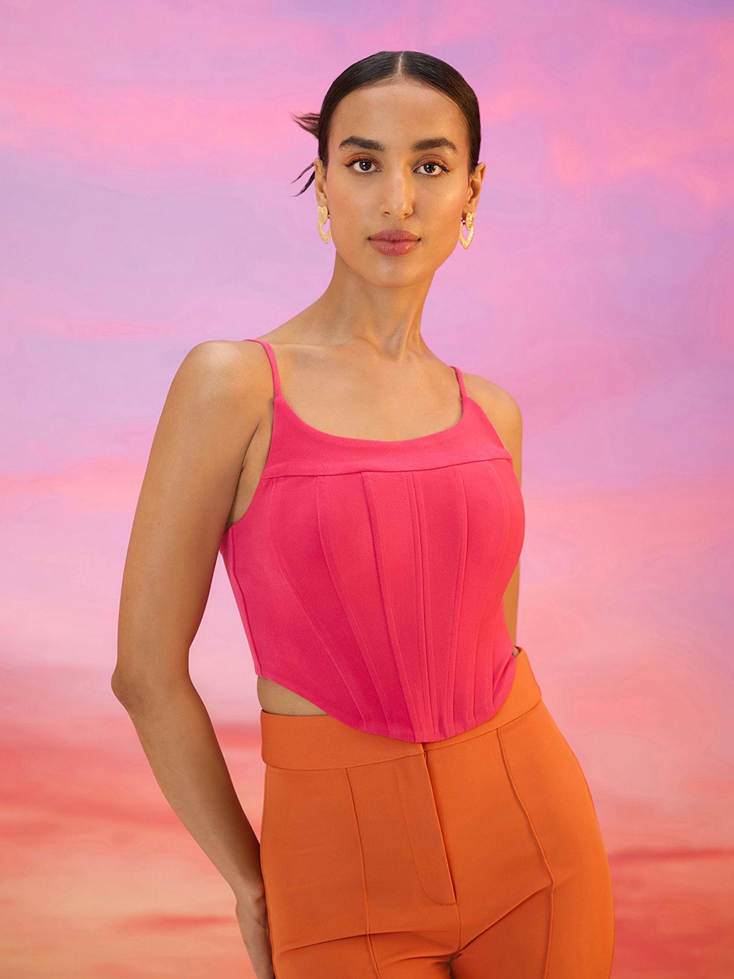hot pink boat neck strappy corset crop top
