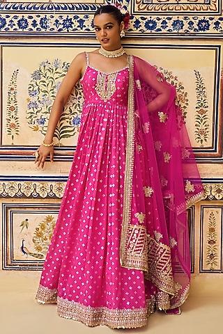 hot pink brocade thread embroidered anarkali set