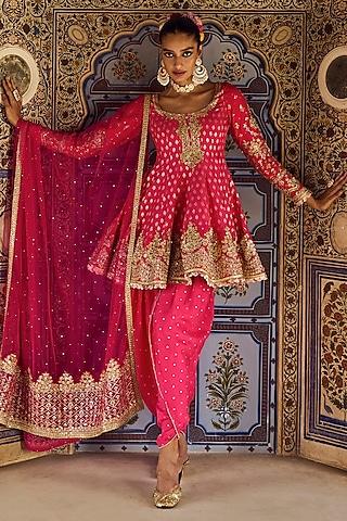 hot pink brocade zari embroidered kurta set