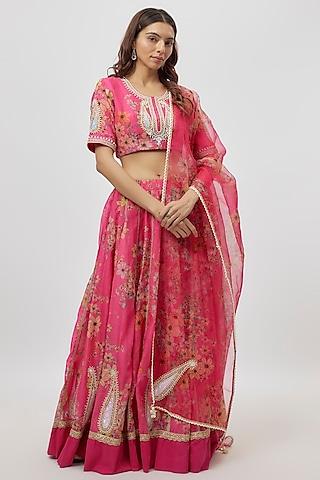 hot pink chanderi digital printed & dabka embroidered lehenga set