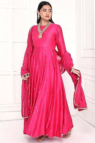 hot pink chanderi floral embroidered anarkali set