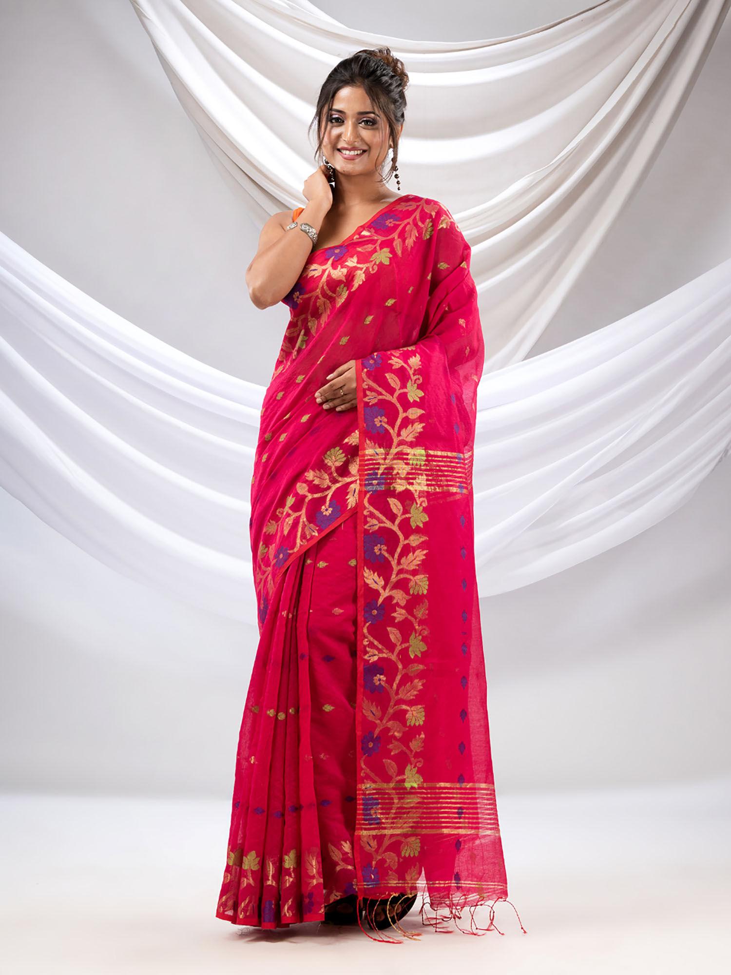 hot pink cotton blend handwoven saree with floral nakshi borders with unstitched blouse