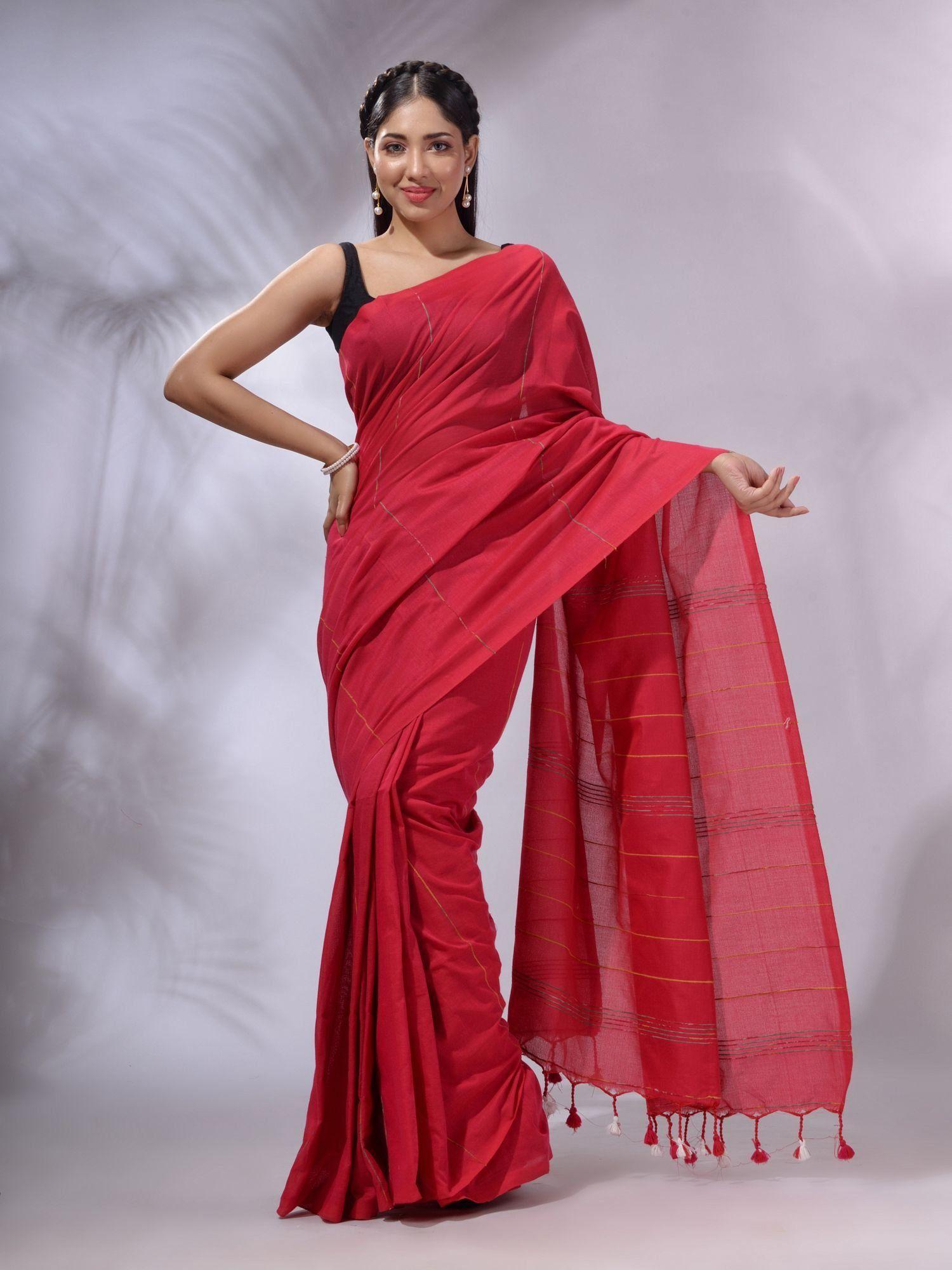 hot pink cotton handwoven saree with unstitched blouse and stripe design