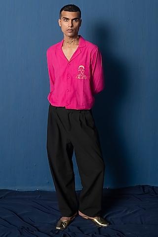 hot pink cotton khadi embroiered shirt