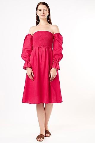 hot pink cotton off-shoulder smoke dress