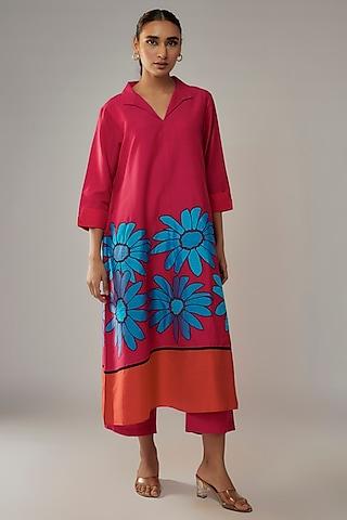 hot pink cotton silk applique floral tunic set