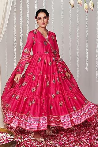 hot pink cotton silk printed angrakha anarkali set