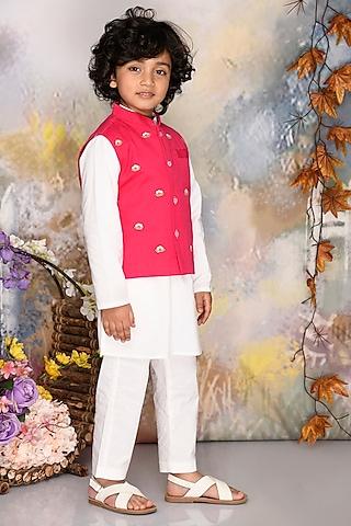 hot pink cotton thread embroidered jacket set for boys