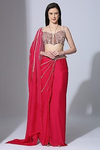 hot pink crepe draped saree set