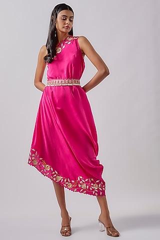 hot pink crepe embroidered one-shoulder dress