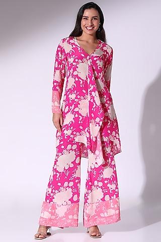 hot pink crepe floral printed asymmetrical tunic set
