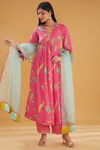 hot pink crepe printed & embroidered kurta set