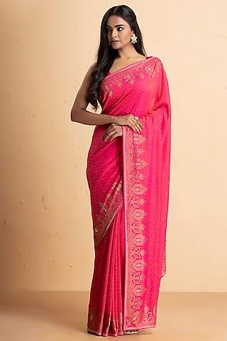 hot pink dola silk embellished saree set