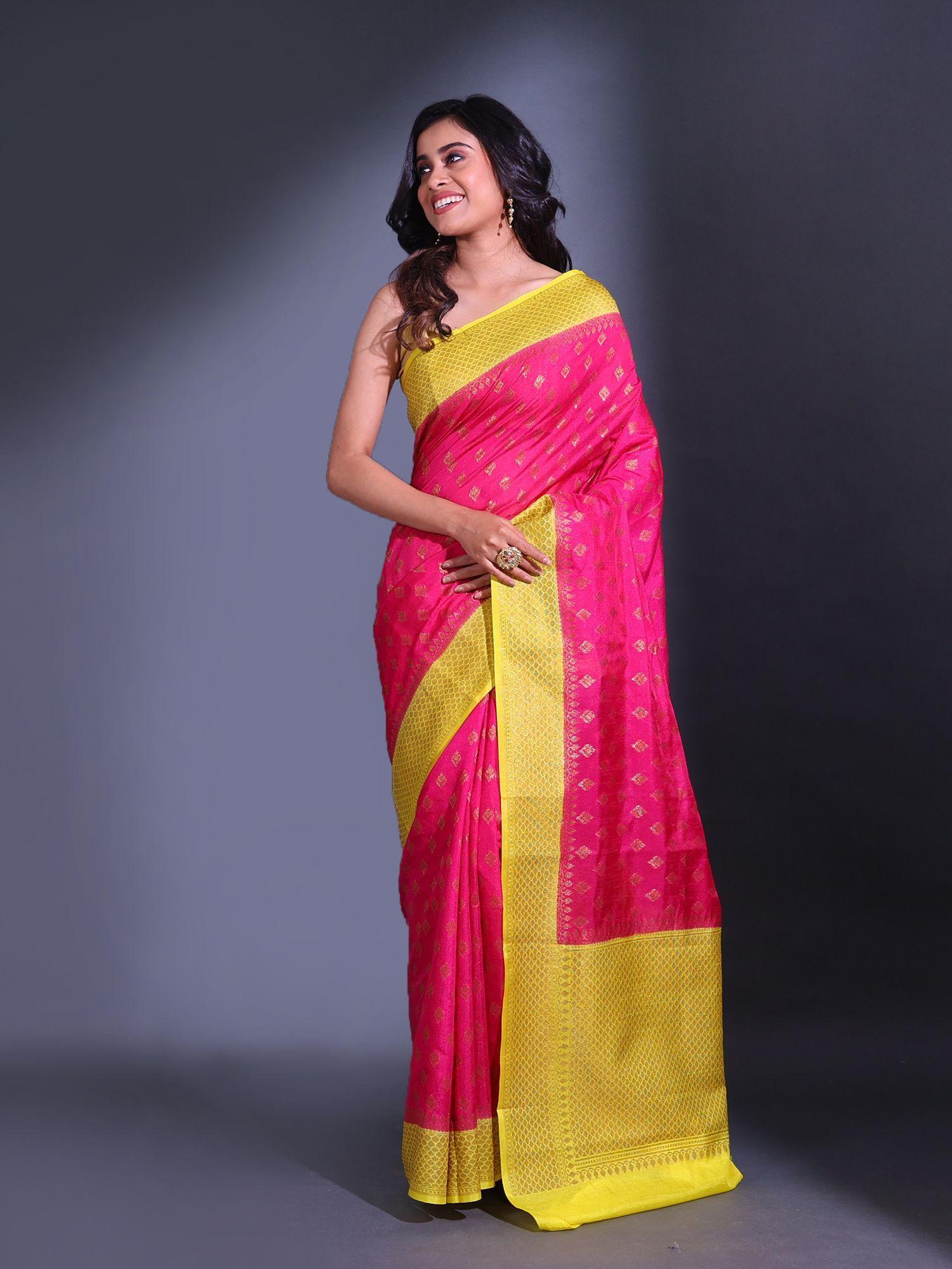 hot pink dupion silk handwoven zari floral pattern saree with unstitched blouse